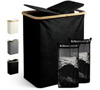 Ribelli Panier à linge pliable de 130 l, à 2 compartiments, avec couvercle et sac à linge amovible, pour buanderie, salle de bain, chambre à coucher, noir