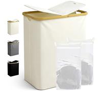 Ribelli Panier à linge pliable de 130 l, à 2 compartiments, avec couvercle et sac à linge amovible, pour buanderie, salle de bain, chambre à coucher, crème