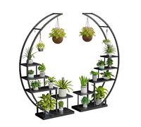 Ribelli Présentoir à plantes en métal à 5 niveaux en forme de demi-lune 172 cm, étagère à plantes avec 5 tablettes et crochets, grand présentoir à plantes avec protection anti-basculement pour balcon