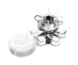 Ribelli Service à Fondue de 28 Pièces en INOX, 6X Fourchette, Cuillère, Assiette, Bol de Fondue au Fromage, Fondue à la Viande, pour 6 Personnes