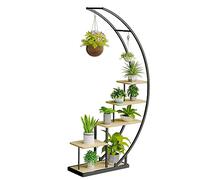 Ribelli Support de plantes en métal à 5 niveaux en forme de croissant de lune 172 cm, étagère pour plantes avec 5 étagères et crochets, support de fleurs haut avec protection anti-basculement pour