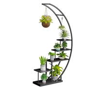 Ribelli Support de plantes en métal à 5 niveaux en forme de croissant de lune 172 cm, étagère pour plantes avec 5 étagères et crochets, support de fleurs haut avec protection anti-basculement pour