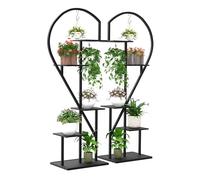 Ribelli Support de plantes en métal à 5 niveaux en forme de cœur 170 cm avec 5 étagères et 4 crochets - Support de fleurs haut avec protection anti-basculement pour balcon, salon, terrasse - Noir