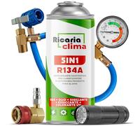 Ricaria Clima 5-en-1 - Réfrigérant R134a + Tuyau 235 g pour Climatisation Auto avec Huile, Stop-Fuite, Traceur UV Et Déshydratant - Protège Le Compresseur + Lampe Torche