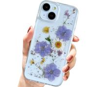 Riccase Coque transparente pour iPhone 13 avec véritables motifs de fleurs séchées, antichoc et souple, en TPU souple, fine à paillettes - Motif floral mignon pour iPhone 13 - Fleur violette