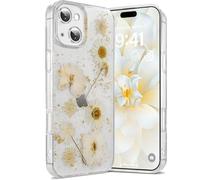 Riccase Coque transparente pour iPhone 13 avec véritables motifs de fleurs séchées, antichoc et souple, en TPU souple, fine, à paillettes - Motif floral mignon pour iPhone 13 - Marguerite