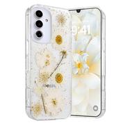 Riccase Coque transparente pour Samsung Galaxy A05S avec véritables motifs de fleurs séchées, antichoc et souple, en TPU souple, fine et pailletée, motif floral mignon pour Samsung A05S, marguerite