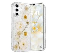 Riccase Coque transparente pour Samsung Galaxy S24 avec véritables motifs de fleurs séchées, antichoc et souple, en TPU souple, fine et pailletée, motif floral mignon pour Samsung S24, marguerite