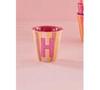 Rice Gobelet en mélamine à rayures moyennes avec lettres, modèle pour garçon - Tons bleus et verts - Dimensions : 9 x 9 cm (H pour fille)