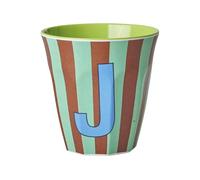 Rice Tasse en mélamine à rayures moyennes avec lettres, modèle pour garçon - Tons bleu/vert/menthe - Dimensions : 9 x 9 cm (J garçon)
