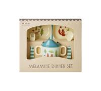 Rice Set de vaisselle pour bébé - Coffret cadeau - Assiette avec 4 compartiments, gobelet avec anses, couverts (cuillère et fourchette) - Bleu - Happy Forest Print - Mélamine sans BPA