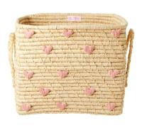 Rice - Small Square Raffia Basket with Raffia Handles - Pink Hearts