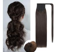 Rich Choices Extensions capillaires en cheveux humains Remy soyeux droits, queue de cheval, avec bande Velcro, 50 cm, #2 marron foncé, #2