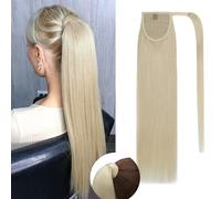 Rich Choices Extensions capillaires en cheveux humains Remy soyeux et droits, queue de cheval, avec bande Velcro, 40 cm, #60 blond platine