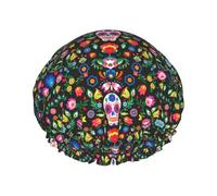 Rich&Rabbit Bonnet de douche imprimé tête de mort et fleurs d'horreur en sucre pour femme, bonnet de bain élastique et réutilisable, résistant aux fuites, double couche