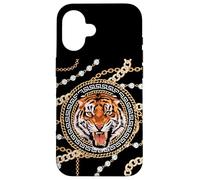 Rich Wild Tiger with Printed Gold Chains & Diamonds Style Coque pour iPhone 16