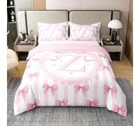 richhome Housse De Couette 140x200cm Coton Rose Noeud Papillon Parure de Lit 2 Pièces Rose Blanc Striped Noeud Papillons Ensembles Housses Couette Lettre Z Parure de Lit avec 1 Taie d'oreiller