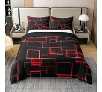 richhome Housse De Couette 140x200cm Neon Line Parure de Lit 1 Personne Rouge Glowing Conception Set Housse Couette Résumé Géométrique avec Fermeture Éclair Cyberpunk 100% Coton