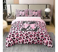 richhome Housse De Couette 240x260cm Coton Rose Noir Léopard Parure de Lit Lettre Letter Z Ensemble Literie Coquette Noeud Papillon Parure de Lit avec Fermeture Éclair Douce