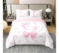 richhome Parure de Lit 200x200cm Mignon Rose Noeud Papillon Housse De Couette 100% Coton Lettre Letter G Parure de Lit 2 Personnes Pearl Noeud Papillon Tie Ensembles Housses Couette