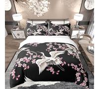 richhome Thème Ukiyo-E Japonais Parure de Lit 100% Pur Coton Cerisier Fleur Housse de Couette 200x200cm Enfants Japonais Ensemble de literie Grue Grain Noir Exotique 3pcs