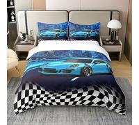 richhome Voiture de Course Coton Parure de Lit pour Filles garçons Enfants Bleu Vitesse Voiture de Sport de Luxe Ensemble de literie Noir Blanc Drapeau de Course Housse de Couette 200x200cm