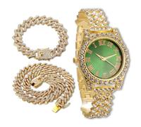 richhut Montre de luxe en diamant glacé pour enfants et adolescents - Bracelet plaqué or véritable/platine 18 carats 20,3 cm - Cadran rond multicolore de 37 mm - En option avec chaîne cubaine - Boîte