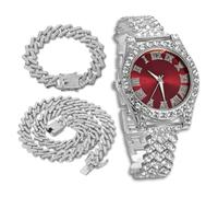 richhut Montre Diamant de Luxe Iced Out pour Enfants Ados - Bling Plaqué en Platine Bracelet 20cm - Cadran Rond Rouge 37mm - Vient avec Chaînes Cubaines 18cm & 40cm - Boîte à Cadeau Inclus