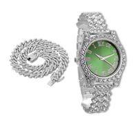 richhut Montre Diamant de Luxe Iced Out pour Enfants Ados - Bling Plaqué en Platine Bracelet 20cm - Cadran Rond Verte 37mm - Vient avec Chaîne Cubaine 40cm - Boîte à Cadeau Inclus