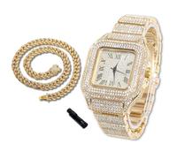 richhut Montre Diamant de Luxe pour Enfants Ados - Iced Out Bling Plaqué en Or 18K - Cadran Carré 40mm Bracelet 18,5cm - Outil de Réglage Inclus - Vient avec Chaîne Cubaine 40cm