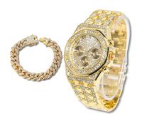 richhut Montre Diamant de Luxe pour Enfants Ados - Iced Out Bling Plaqué en Or 18K - Cadran Octogonal 38mm Bracelet 19,5cm - Outil de Réglage Inclus - Vient avec Chaîne Cubaine 18cm