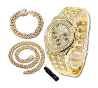 richhut Montre Diamant de Luxe pour Enfants Ados - Iced Out Bling Plaqué en Or 18K - Cadran Octogonal 38mm Bracelet 19,5cm - Outil de Réglage Inclus - Vient avec Chaînes Cubaines 18cm & 40cm