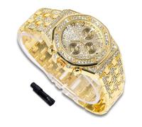 richhut Montre Diamant de Luxe pour Enfants Ados - Iced Out Bling Plaqué en Or 18K - Cadran Octogonal 38mm Bracelet 19,5cm - Outil de Réglage Inclus