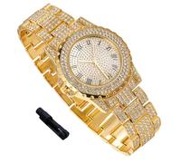 richhut Montre Diamant de Luxe pour Enfants Ados - Iced Out Bling Plaqué en Or 18K - Cadran Rond 39mm Bracelet 19cm - Outil de Réglage Inclus