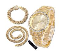richhut Montre Diamant de Luxe pour Enfants Ados - Iced Out Bling Plaqué en Or 18K - Cadran Rond 43mm Bracelet 20,5cm - Outil de Réglage Inclus - Vient avec Chaînes Cubaines 18cm & 40cm