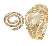 richhut Montre Diamant de Luxe pour Enfants Ados - Iced Out Bling Plaqué en Or 18K - Cadran Rond 43mm Bracelet 20,5cm - Outil de Réglage Inclus - Vient avec Chaîne Cubaine 40cm