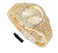 richhut Montre Diamant de Luxe pour Enfants Ados - Iced Out Bling Plaqué en Or 18K - Cadran Rond 43mm Bracelet 20,5cm - Outil de Réglage Inclus