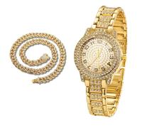 richhut Montre Diamant de Luxe pour Enfants Ados - Iced Out Bling Plaqué en Or 18K - Cadran Rond à Chiffres Arabes 32mm Bracelet 19,5cm - Boîte à Cadeau Inclus - Vient avec Chaîne Cubaine 40cm