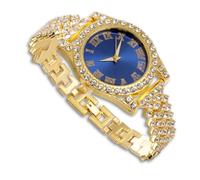 richhut Montre Diamant de Luxe pour Enfants Ados - Iced Out Bling Plaqué en Or 18K - Cadran Rond Bleue 37mm Bracelet 20cm - Boîte à Cadeau Inclus