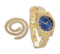 richhut Montre Diamant de Luxe pour Enfants Ados - Iced Out Bling Plaqué en Or 18K - Cadran Rond Bleue 37mm Bracelet 20cm - Boîte à Cadeau Inclus - Vient avec Chaîne Cubaine 40cm