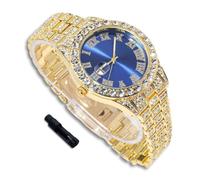 richhut Montre Diamant de Luxe pour Enfants Ados - Iced Out Bling Plaqué en Or 18K - Cadran Rond Bleue 42mm Bracelet 20cm - Outil de Réglage Inclus