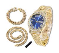 richhut Montre Diamant de Luxe pour Enfants Ados - Iced Out Bling Plaqué en Or 18K - Cadran Rond Bleue 42mm Bracelet 20cm - Outil de Réglage Inclus - Vient avec Chaînes Cubaines 18cm & 40cm