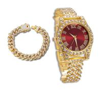 richhut Montre Diamant de Luxe pour Enfants Ados - Iced Out Bling Plaqué en Or 18K - Cadran Rond Rouge 37mm Bracelet 20cm - Boîte à Cadeau Inclus - Vient avec Chaîne Cubaine 18cm