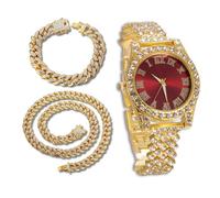 richhut Montre Diamant de Luxe pour Enfants Ados - Iced Out Bling Plaqué en Or 18K - Cadran Rond Rouge 37mm Bracelet 20cm - Boîte à Cadeau Inclus - Vient avec Chaînes Cubaines 18cm & 40cm
