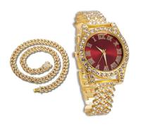 richhut Montre Diamant de Luxe pour Enfants Ados - Iced Out Bling Plaqué en Or 18K - Cadran Rond Rouge 37mm Bracelet 20cm - Boîte à Cadeau Inclus - Vient avec Chaîne Cubaine 40cm