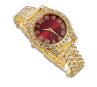 richhut Montre Diamant de Luxe pour Enfants Ados - Iced Out Bling Plaqué en Or 18K - Cadran Rond Rouge 37mm Bracelet 20cm - Boîte à Cadeau Inclus