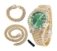 richhut Montre Diamant de Luxe pour Enfants Ados - Iced Out Bling Plaqué en Or 18K - Cadran Rond Verte 42mm Bracelet 20cm - Outil de Réglage Inclus - Vient avec Chaînes Cubaines 18cm & 40cm