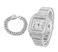richhut Montre Diamant de Luxe pour Enfants Ados - Iced Out Bling Plaqué en Platine - Cadran Carré 40mm Bracelet 18,5cm - Outil de Réglage Inclus - Vient avec Chaîne Cubaine 18cm