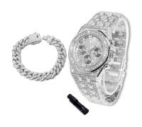 richhut Montre Diamant de Luxe pour Enfants Ados - Iced Out Bling Plaqué en Platine - Cadran Octogonal 38mm Bracelet 19,5cm - Outil de Réglage Inclus - Vient avec Chaîne Cubaine 18cm