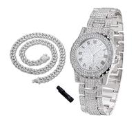 richhut Montre Diamant de Luxe pour Enfants Ados - Iced Out Bling Plaqué en Platine - Cadran Rond 39mm Bracelet 19cm - Outil de Réglage Inclus - Vient avec Chaîne Cubaine 40cm